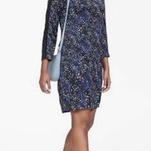 BANANA REPUBLIC LS LACE TRIM BLUE PRINT A LINE SHIFT DRESS, STRETCH, SZ 6